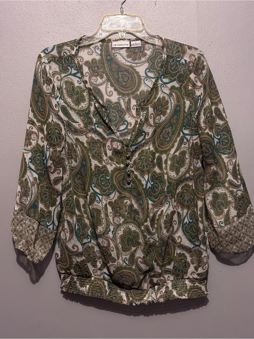 Liz Claiborne Sheer Green Paisley Print Blouse